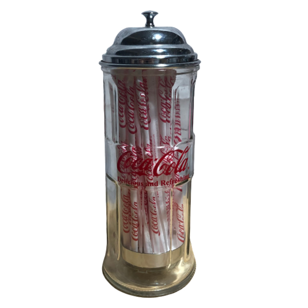 Coca Cola Glass Straw Dispenser with Coca Cola Straws